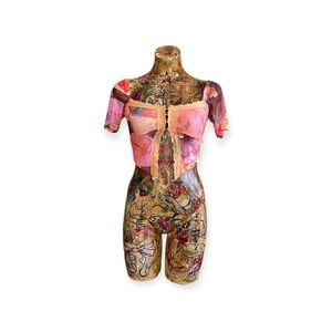 Glassons crop top pink white orange summer XS